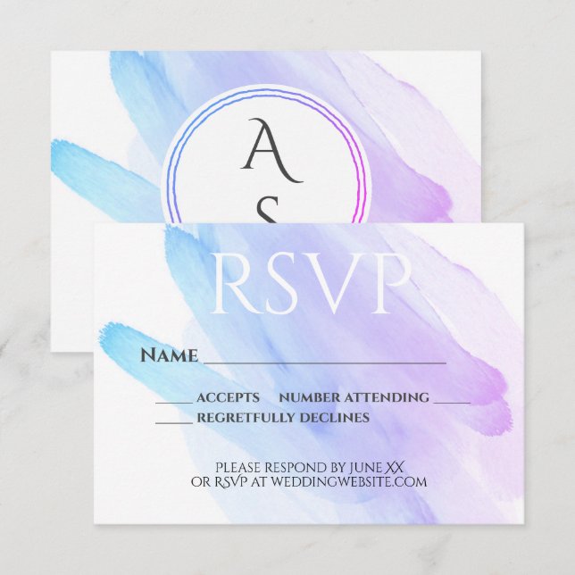 cartão RSVP púrpura azul-aquosa minimalista (Frente/Verso)