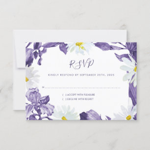 Cartão RSVP Púrpura Íris White Daisy Watercolor Botânica