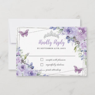 Cartão RSVP Púrpura Lilac Floral Quinceañera Silver Butterflie