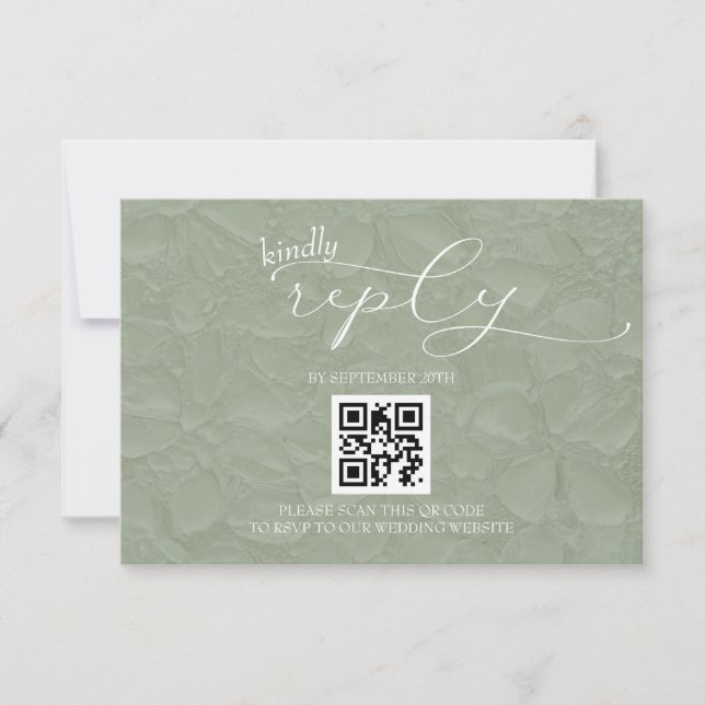 Cartão RSVP QR moderno e simples Casamento Verde e Branco (Frente)