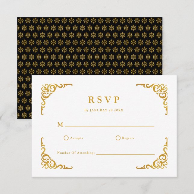 Cartão RSVP Quadro Barroco negro real e Dourado (Frente/Verso)