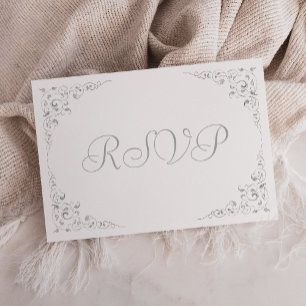 Cartão RSVP Quadro Botânico de Letra Prata Elegante para Casam