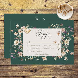 Cartão RSVP Quadro de Flores Silvestres Rústicas Verde Esmeral