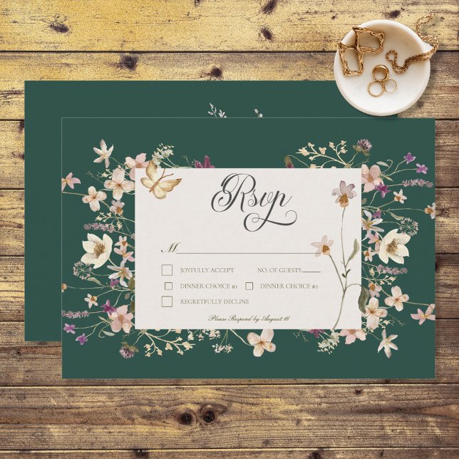 Cartão RSVP Quadro de Flores Silvestres Rústicas Verde Esmeral (Criador carregado)