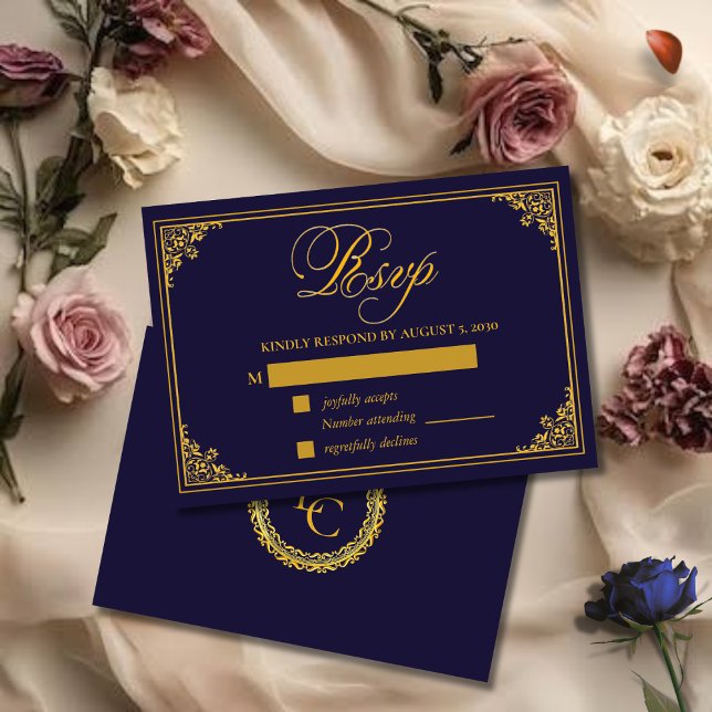 Cartão RSVP Quadro de Ouro Clássico Monograma Real Casamento (Criador carregado)