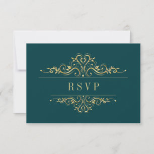 Cartão RSVP Quadro de Ouro Elegante Verde Petrol