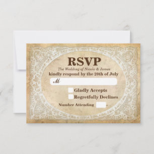 Cartão RSVP Quadro de Renda Vintage Casamento Rústico Romântic