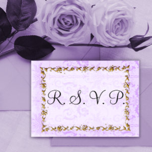 Cartão RSVP Quadro Dourado elegante e Damasco roxo