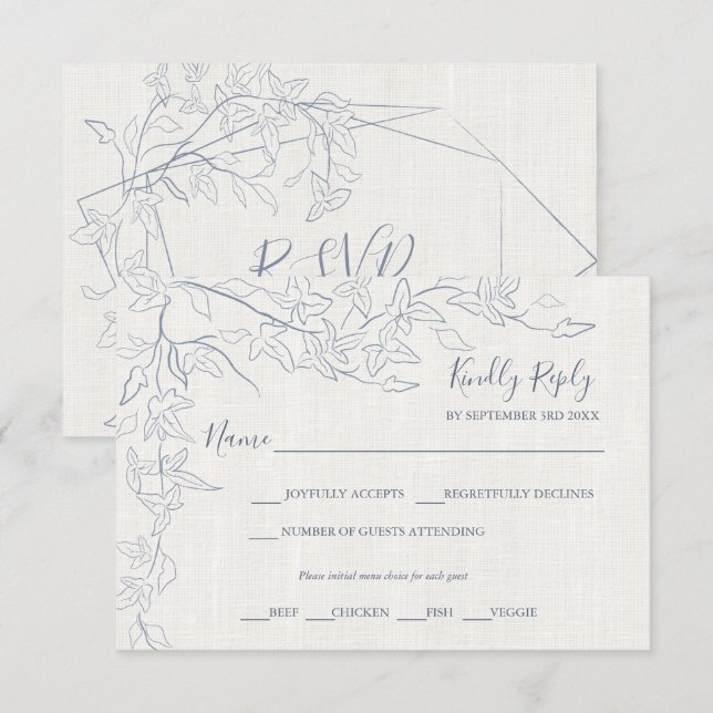 Cartão RSVP Quadro Floral Azul Elegante | Linen Wedding (Frente/Verso)