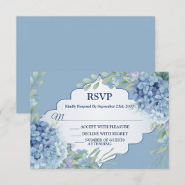 Cartão RSVP Quadro Floral Azul Folhas Verdes Casamento Elegant