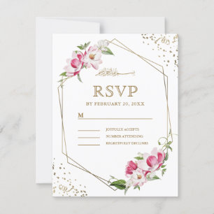 Cartão RSVP Quadro Islâmico Geométrico Floral Rosa Dourado Cas