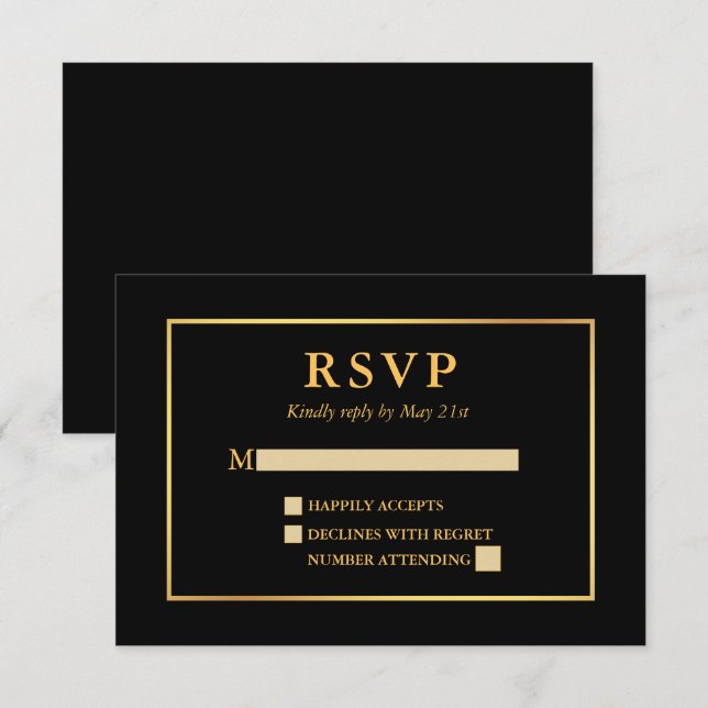 Cartão RSVP Quadro negro e Dourado moderno e elegante (Frente/Verso)