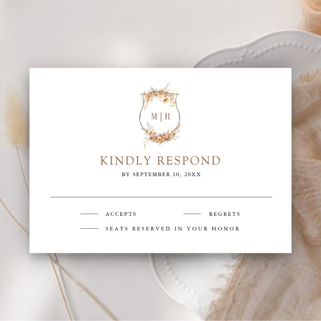 Cartão RSVP Queda Autumn Wildflower Monograma Crest Casamento (Criador carregado)