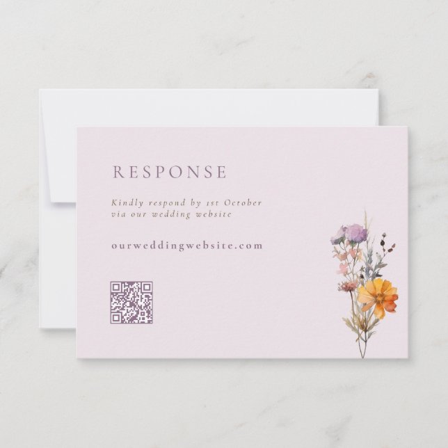 Cartão RSVP Queda Laranja e Flores Selvagens Roxas Código QR C (Frente)