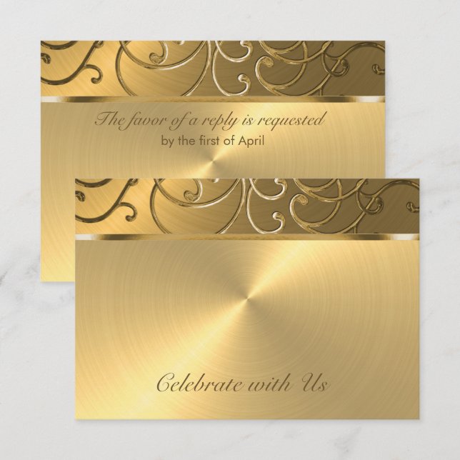 Cartão RSVP Quinceanera All Dourado Filigree Swirl Border (Frente/Verso)