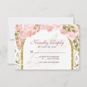 Cartão RSVP Quinceañera, Arco Dourado Rosa Escamuflado