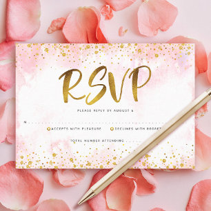 Cartão RSVP Quinceañera Blush Pink Watercolor Gold Foil Girls