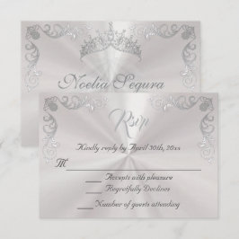 Cartão RSVP Quinceanera de Borda Vintage - Pérola Branco/Prata