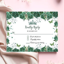 Cartão RSVP Quinceañera Emerald Green Borboletas Florais Tiara