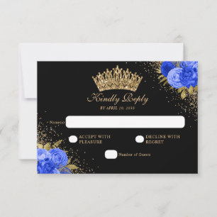 Cartão RSVP Quinceanera Floral Dourada Azul com Marinho Preto