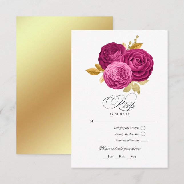 Cartão RSVP Quinceañera Floral Dourada e Rosa Quente (Frente/Verso)