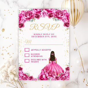 Cartão RSVP Quinceañera Floral Princesa Rosa Quente