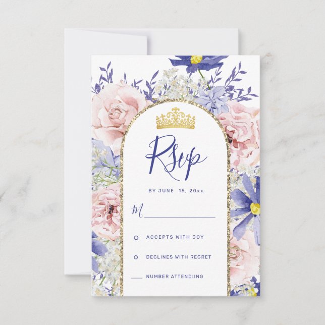 Cartão RSVP Quinceañera Floral Púrpura Elegante (Frente)