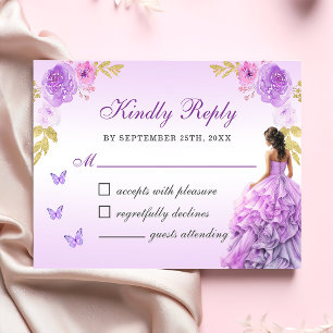 Cartão RSVP Quinceañera Floral Púrpura Elegante