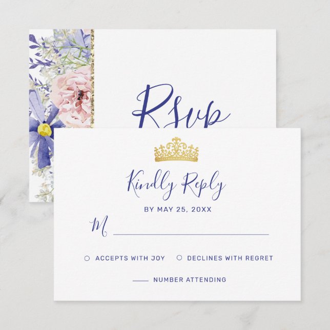 Cartão RSVP Quinceañera Floral Púrpura Elegante (Frente/Verso)