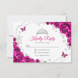 Cartão RSVP Quinceanera Fuchsia Pink Silver Floral Reply