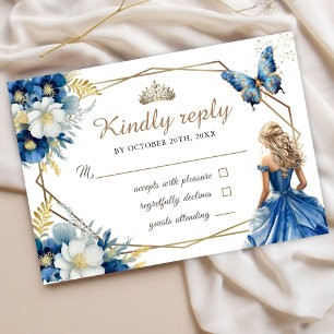 Cartão RSVP Quinceañera Girl Royal Blue Tiara Borboleta Floral