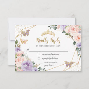 Cartão RSVP Quinceañera Lilás Flores Borboletas 16º