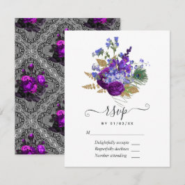 Cartão RSVP Quinceañera marinho e Púrpura Peacock Floral