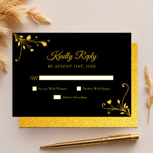 Cartão RSVP Quinceanera Minimalista Negra Ouro Moderna