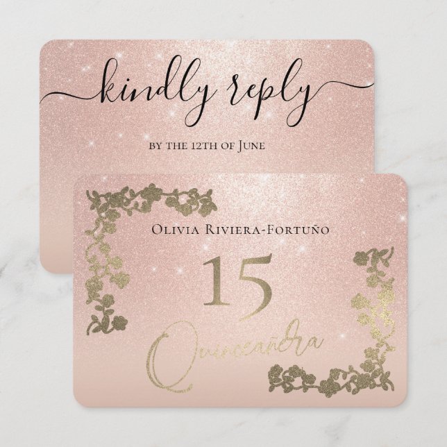 Cartão RSVP Quinceanera Oral Glitter Glitter Dourada Elegante (Frente/Verso)