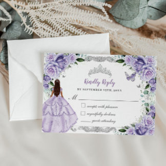 Cartão RSVP Quinceañera Purple Lavanda Princesa Floral