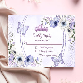Cartão RSVP Quinceañera Purple Lilac Floral Tiara Borboletas