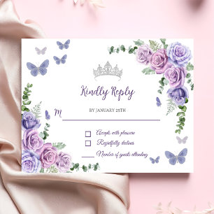 Cartão RSVP Quinceañera Purple Lilac Floral Tiara Borboletas