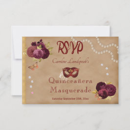 Cartão RSVP Quinceañera Red Mascarada Burgundy Rosas Ingleses