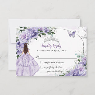 Cartão RSVP Quinceanera Roxo Lavanda Lilás Floral Princesa