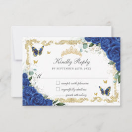 Cartão RSVP Quinceañera Royal Blue Borboletas Douradas