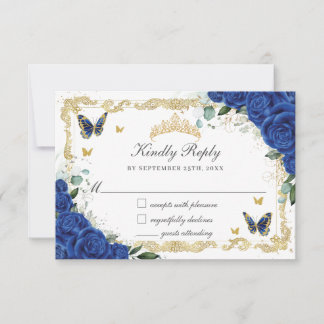 Cartão RSVP Quinceañera Royal Blue Borboletas Douradas