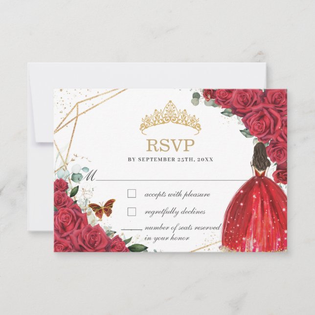 Cartão RSVP Quinceañera Sweet 16 15 Rosas vermelhas de anivers (Frente)