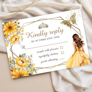 Cartão RSVP Quinceañera Yellow Floral Dourada Tiara Princess R