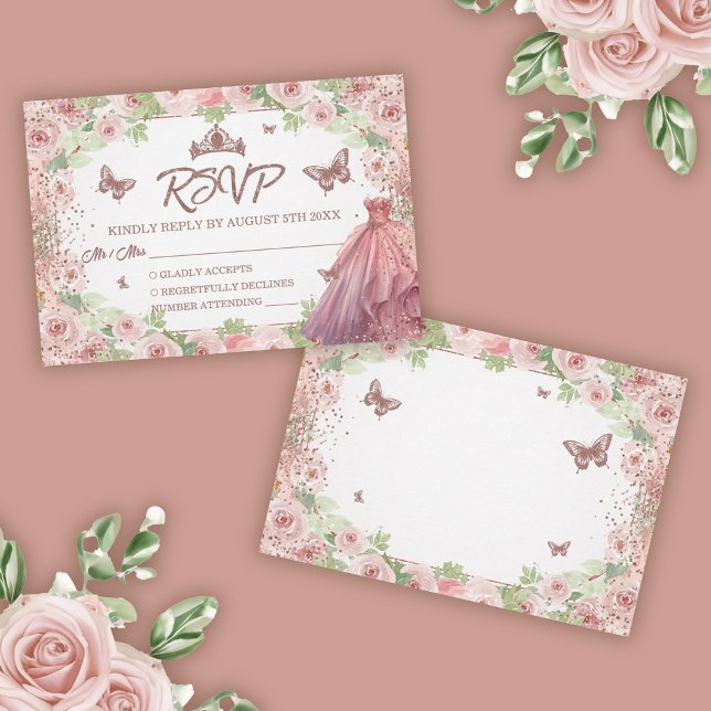 Cartão RSVP Quinto-Cânera Floral Cor-de-Água Rosa Esbranquiçad (Rose Gold Glitter Floral Quinceanera RSVP Card)