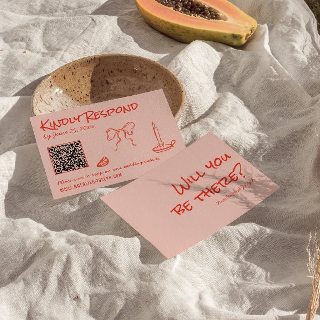 Cartão RSVP Quirky Hand Drawn Pink Red Unique QR Code Wedding (Criador carregado)
