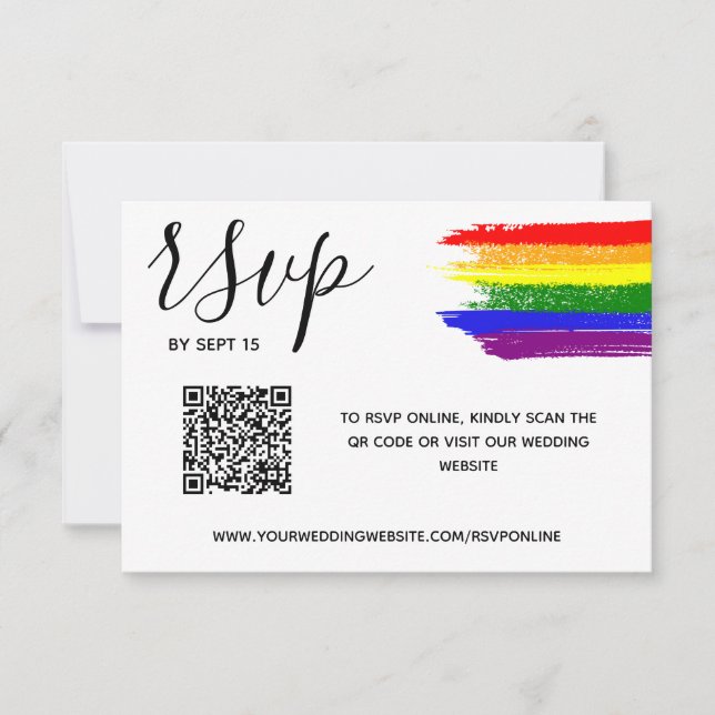 Cartão RSVP Rainbow Paint Cria Código QR de Casamento LGBT (Frente)