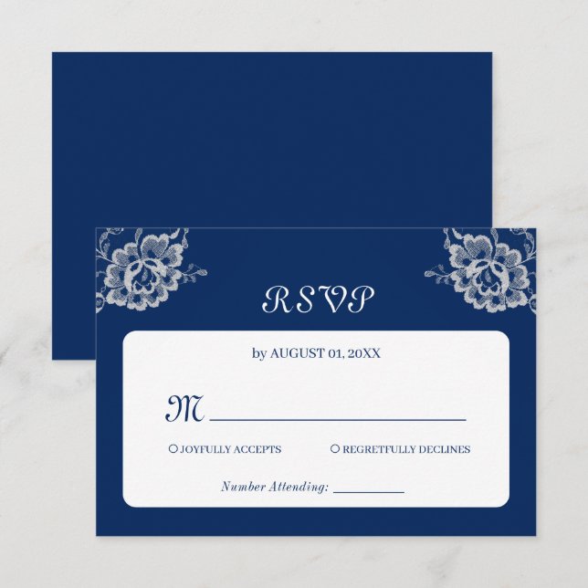 Cartão RSVP Raios Florais Elegantes no Casamento Azul Marinho (Frente/Verso)