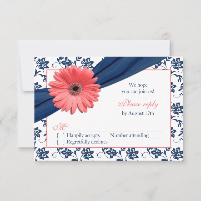 Cartão RSVP Ramalhete de Coral Gerber Navy Damask Floral Respo (Frente)