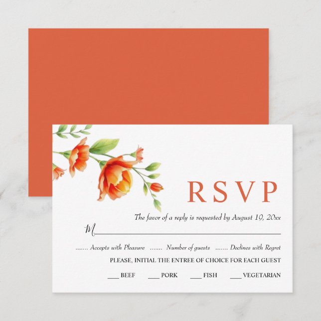 Cartão RSVP Ramo de aquarela com flores laranja casamento (Frente/Verso)